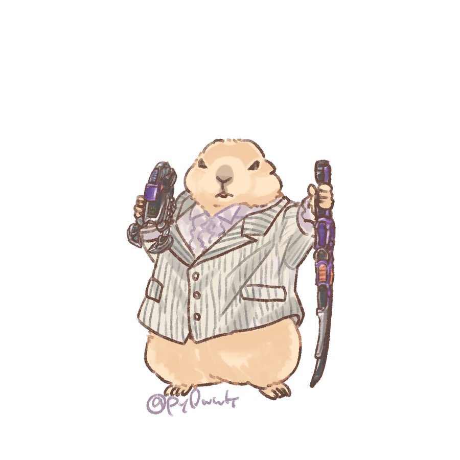 animal_focus, cosplay, full_body, holding, jacket, kamen_rider, kamen_rider_kabuto_(series), kamishiro_tsurugi, kamishiro_tsurugi_(cosplay), looking_at_viewer, prairie_dog, py0wwk, sasword_zecter, simple_background, solo, white_background, white_jacket