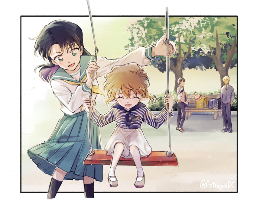 2girls, :d, ^_^, aged_down, amuro_tooru, astrayin, black_hair, black_socks