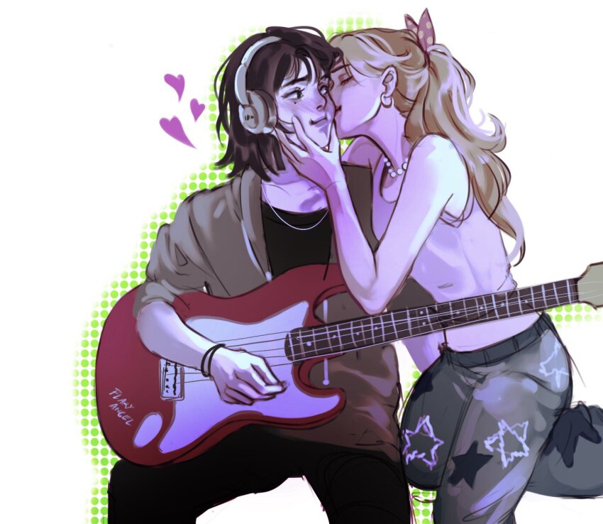 2girls, artist_name, bare_shoulders, black_eyes, black_hair, black_pants, black_shirt, blush, bow, cheek_squash, closed_eyes, collarbone, electric_guitar, flaryangel, furrowed_brow, guitar, hair_bow, hashtag-only_commentary, headphones, heads_together, heart, highres, holding, holding_guitar, holding_instrument, instrument, jacket, jewelry, kininatteru_hito_ga_otoko_ja_nakatta, kiss, koga_mitsuki, light_brown_hair, long_hair, looking_at_another, looking_to_the_side, medium_hair, midriff, mole, mole_under_eye, multiple_girls, necklace, oosawa_aya, pants, pearl_necklace, polka_dot, polka_dot_bow, polka_dot_outline, ponytail, shirt, sitting, sleeves_rolled_up, tank_top, tomboy, white_background, white_tank_top, yuri