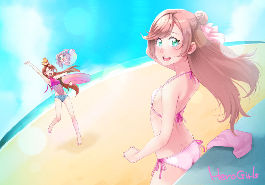 3girls, :d, animal, animal_on_head, arm_up, armpits, ass, bare_legs, barefoot, beach, bikini, bird, bird_on_head, blue_shorts, blue_sky, bow, brown_hair, casual_one-piece_swimsuit, copyright_name, day, denim, denim_shorts, ellee-chan, fisheye, floating_hair, green_eyes, hair_bow, hair_bun, highres, hijiri_ageha, hirogaru_sky!_precure, innertube, long_hair, looking_at_viewer, looking_back, micro_shorts, multiple_girls, nijigaoka_mashiro, on_head, one-piece_swimsuit, one_eye_closed, open_mouth, outdoors, pink_bikini, pink_bow, precure, sakura_kotetsu, shorts, side-tie_bikini_bottom, sky, smile, swept_bangs, swim_ring, swimsuit, very_long_hair, yuunagi_tsubasa, yuunagi_tsubasa_(bird)
