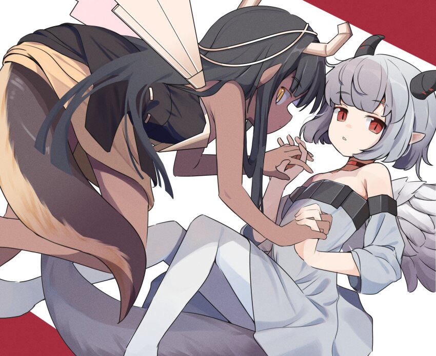 2girls, black_dress, black_hair, black_horns, blunt_bangs, bob_cut, choker, closed_mouth, commentary_request, dark-skinned_female, dark_skin, dress, expressionless, feet_out_of_frame, flat_chest, grey_dress, grey_hair, highres, hime_cut, holding_hands, horns, kuu_the_silver_dragon, lizard_tail, long_hair, looking_at_viewer, ma40414, multiple_girls, off-shoulder_dress, off_shoulder, open_mouth, pantyhose, pi_the_golden_dragon, pointy_ears, rabbit_and_steel, red_background, red_choker, red_eyes, short_hair, slit_pupils, strapless, tail, two-tone_background, white_background, white_pantyhose, yellow_eyes