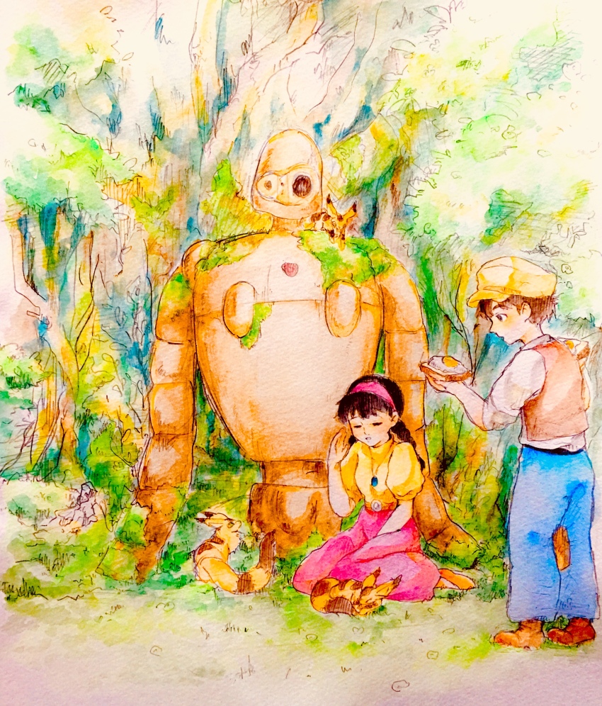 1boy, 1girl, absurdres, blue_pants, braid, bread, bread_slice, brown_hair, brown_vest, closed_eyes, creature, day, dual_wielding, food, forest, fox_squirrel, fried_egg, fried_egg_on_toast, gem, grass, hairband, hand_up, hat, highres, holding, laputa_robot, long_hair, nature, outdoors, painting_(medium), pants, pazu, pink_hairband, pink_skirt, robot, s_s_dream_world, sheeta, shirt, skirt, tenkuu_no_shiro_laputa, toast, traditional_media, twin_braids, twintails, vest, watercolor_(medium), white_shirt, yellow_hat, yellow_shirt