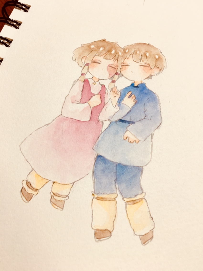 1boy, 1girl, absurdres, arren, blue_tunic, burn_scar, closed_eyes, dress, facing_viewer, gedo_senki, hair_tie, highres, long_sleeves, painting_(medium), pink_dress, s_s_dream_world, scar, scar_on_face, short_hair_with_long_locks, standing, therru, traditional_media, tunic, watercolor_(medium)