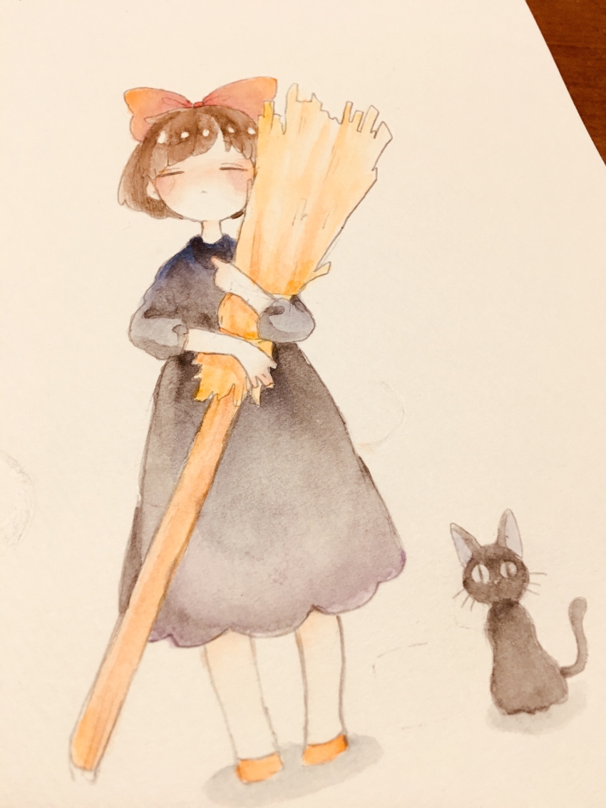 1girl, absurdres, black_cat, black_dress, bow, broom, brown_hair, cat, closed_eyes, dress, facing_viewer, hair_bow, highres, holding, holding_broom, jiji_(majo_no_takkyuubin), kiki_(majo_no_takkyuubin), majo_no_takkyuubin, painting_(medium), red_bow, s_s_dream_world, solo, standing, traditional_media, watercolor_(medium)