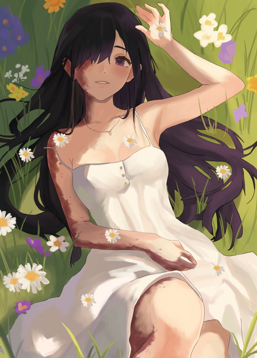 1girl, absurdres, arm_up, armpits, bare_arms, bare_shoulders, blush, breasts, burn_scar, cleavage, collarbone, commentary, commission, day, dress, english_commentary, field, flower, flower_field, grass, hair_over_one_eye, highres, ikezawa_hanako, jewelry, katawa_shoujo, long_hair, looking_at_viewer, lying, medium_breasts, necklace, nerunemuteto, on_back, outdoors, parted_lips, purple_eyes, purple_hair, revision, scar, scar_on_face, sleeveless, sleeveless_dress, smile, solo, sundress, very_long_hair, white_dress, white_flower