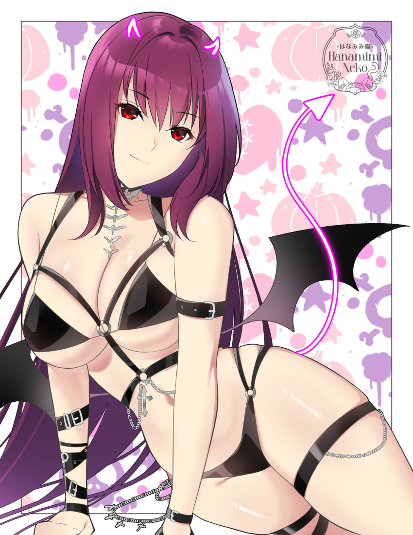 1girl, alternate_costume, artist_name, bat_wings, bikini, black_bikini, breasts, cleavage