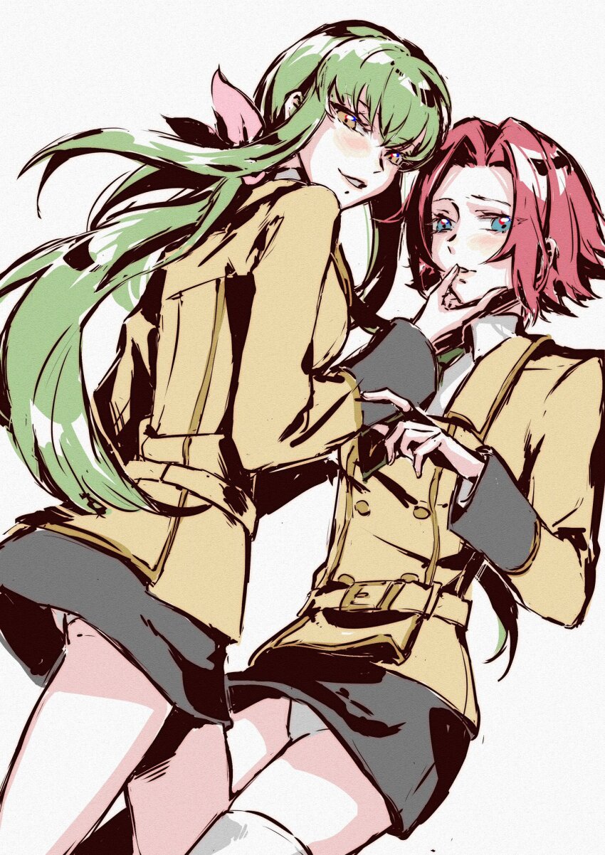 2girls, ashford_academy_school_uniform, blue_eyes, blush, c.c., code_geass, couple, finger_to_another's_mouth