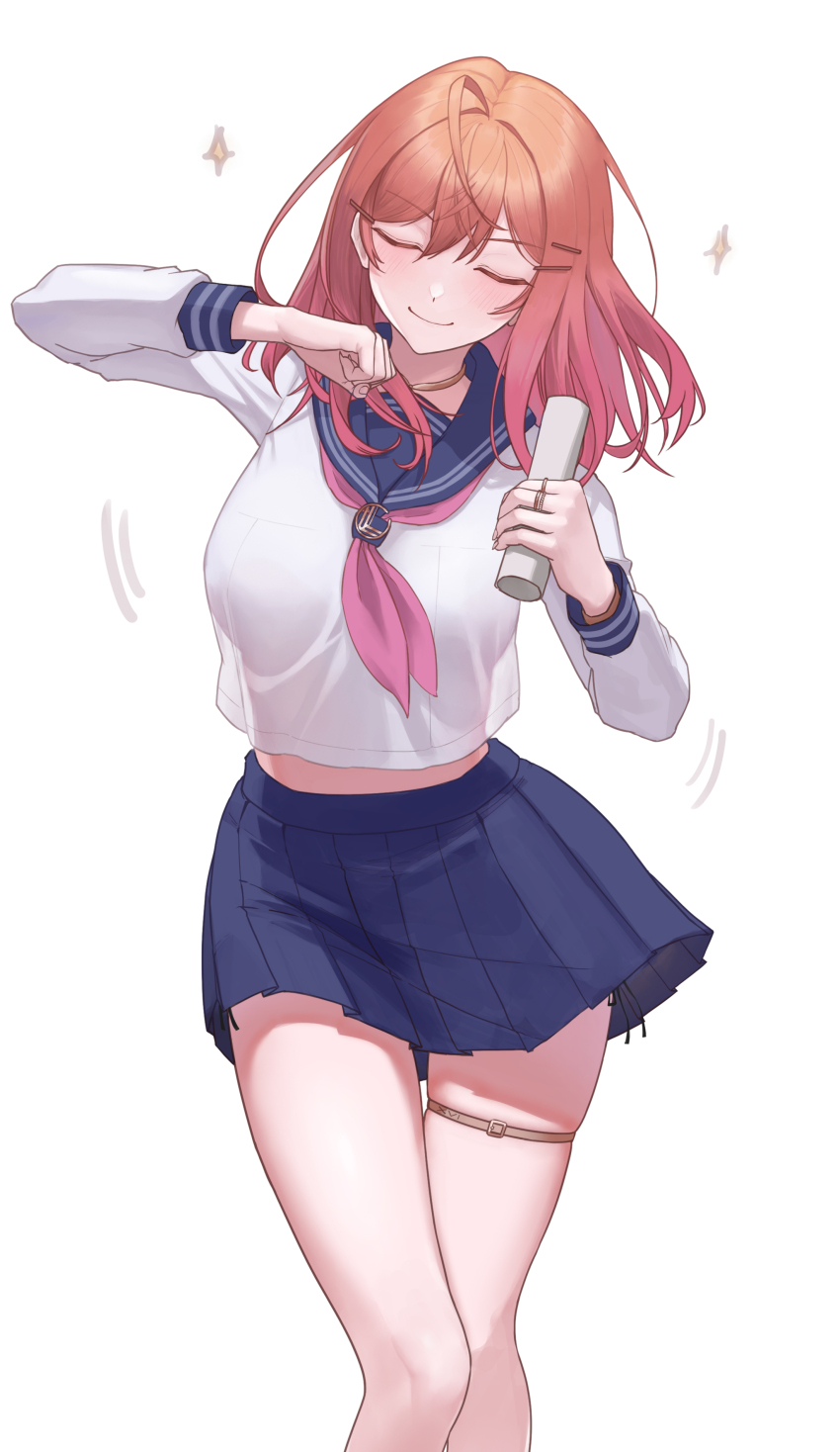 1girl, absurdres, ahoge, blue_skirt, blush, breasts, clenched_hand, closed_eyes, closed_mouth, commentary, dancing, gold_choker, hair_between_eyes, hair_ornament, hairclip, hairpin, highres, holding, hololive, hololive_dev_is, ichijou_ririka, jewelry, large_breasts, long_hair, meme, neckerchief, orange_hair, pink_neckerchief, pleated_skirt, ring, school_uniform, see-through_silhouette, serafuku, shikairo_days, shikairo_days_dance_(meme), shikanoko_nokonoko_koshitantan, shirt, skindentation, skirt, smile, solo, steelball_(jwk76806995), untranslatable_commentary, thigh_gap, thigh_strap, thighs, virtual_youtuber, white_background, white_serafuku, white_shirt