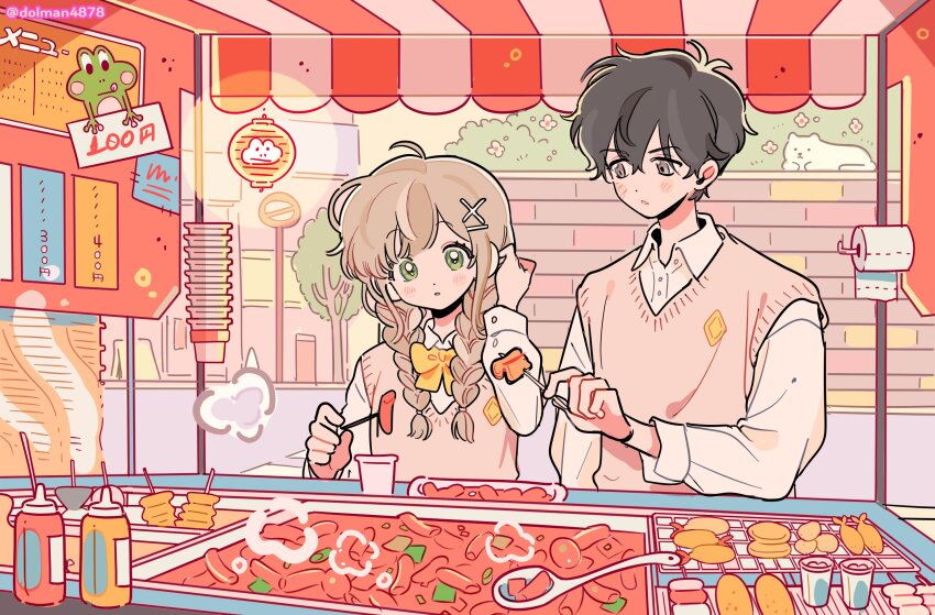 1boy, 1girl, adjusting_hair, ahoge, awning, black_hair, blunt_bangs, borrowed_character