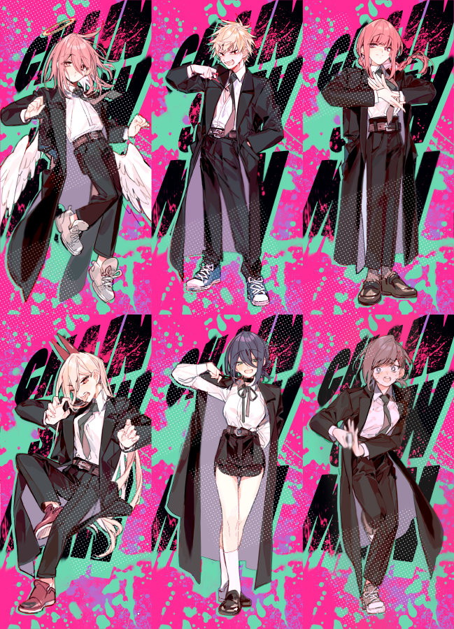 2boys, 4girls, angel_devil_(chainsaw_man), angel_wings, aqua_blood, black_choker, black_jacket, black_necktie, black_pants, black_ribbon, blonde_hair, blood, blood_splatter, braid, brown_hair, chainsaw_man, choker, denji_(chainsaw_man), floating_hair, full_body, halo, higashiyama_kobeni, horns, jacket, long_hair, looking_at_viewer, low_ponytail, makima_(chainsaw_man), multiple_boys, multiple_girls, neck_ribbon, necktie, open_mouth, pants, pink_background, pink_hair, ponytail, power_(chainsaw_man), reze_(chainsaw_man), ribbon, sapphire_(nine), sitting, smile, standing, traditional_halo, very_long_hair, white_hair, wings