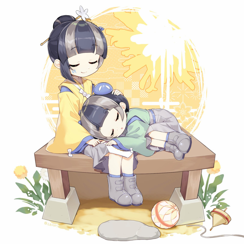 2girls, bench, black_hair, boots, bow, child, closed_eyes, closed_mouth
