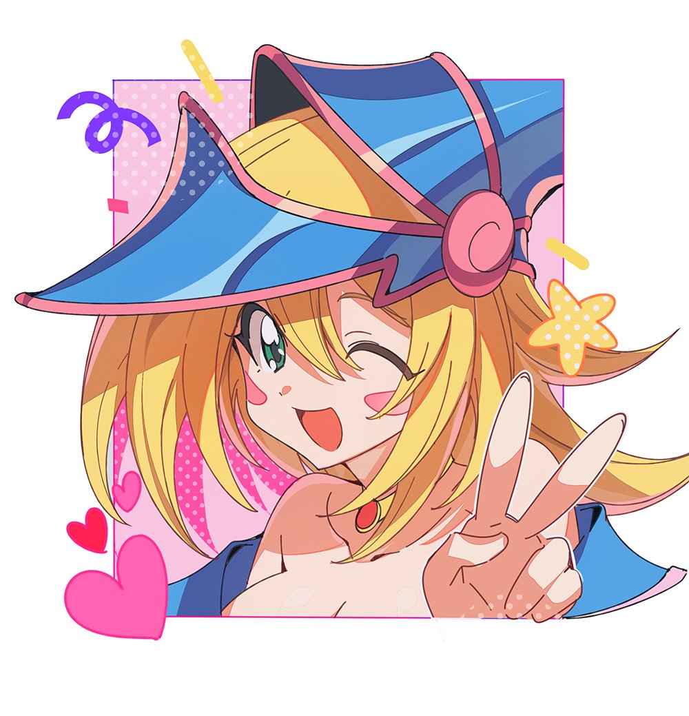 1girl, ;d, ap_bar, bare_shoulders, blonde_hair, blue_hat, blush_stickers, border