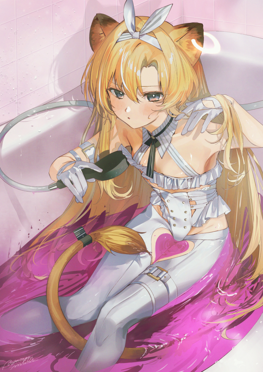 1girl, animal_ear_piercing, animal_ears, armpits, artist_name, ayamori_mimi, bare_shoulders, bathtub