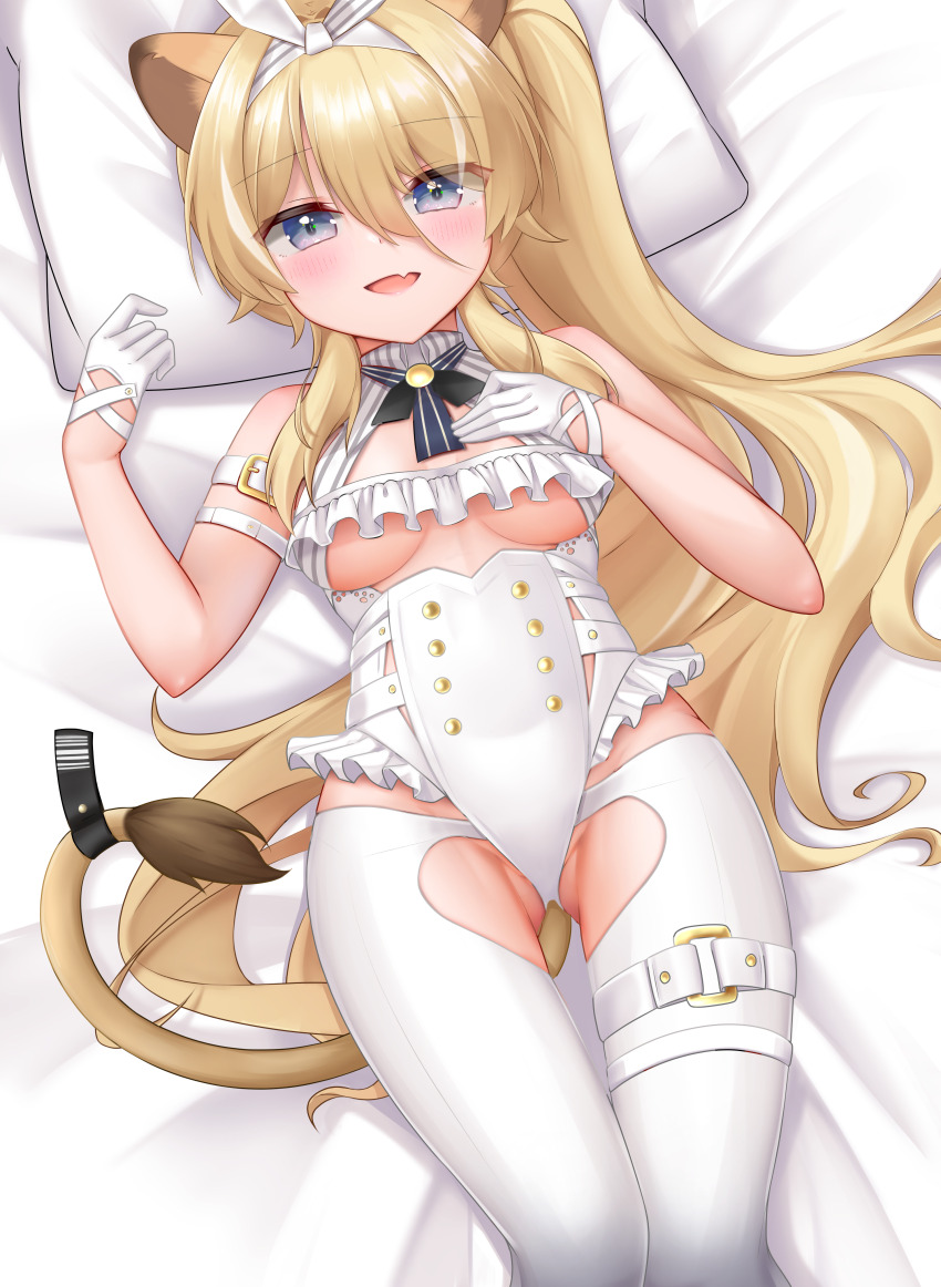 1girl, absurdres, animal_ears, bare_shoulders, belt, black_bow, black_bowtie, blonde_hair