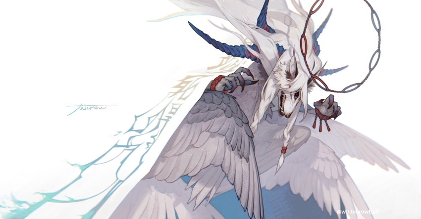 absurdres, animal_focus, artist_name, bird_wings, black_eyes, blue_horns, bracelet, braid