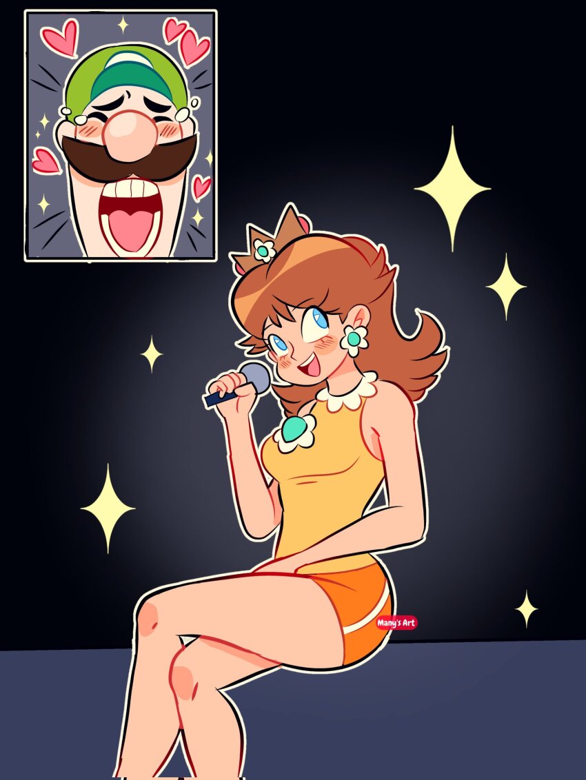 1boy, 1girl, blue_eyes, breasts, brooch, brown_hair, crossed_legs, crown