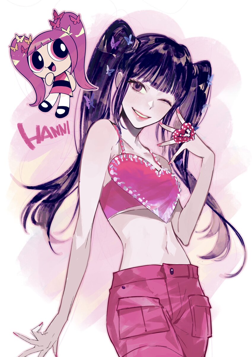 1girl, animification, black_hair, butterfly_hair_ornament, cartoonized, character_name, collarbone, crop_top