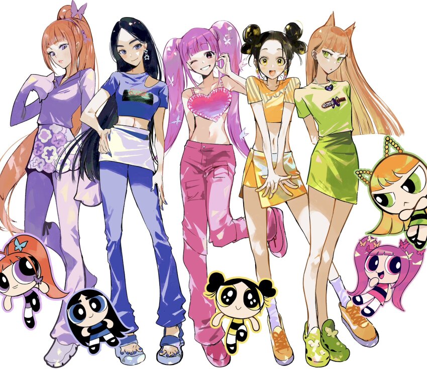 5girls, animal_ears, animification, black_hair, blue_footwear, blue_pants, blue_shirt, blue_skirt