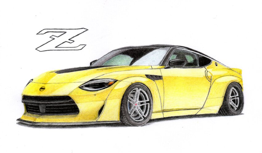 car, from_side, highres, motor_vehicle, nissan, nissan_fairlady_z, nissan_z_(rz34), no_humans, original, shadow, simple_background, sports_car, sting_custom, traditional_media, vehicle_focus, white_background, yellow_car