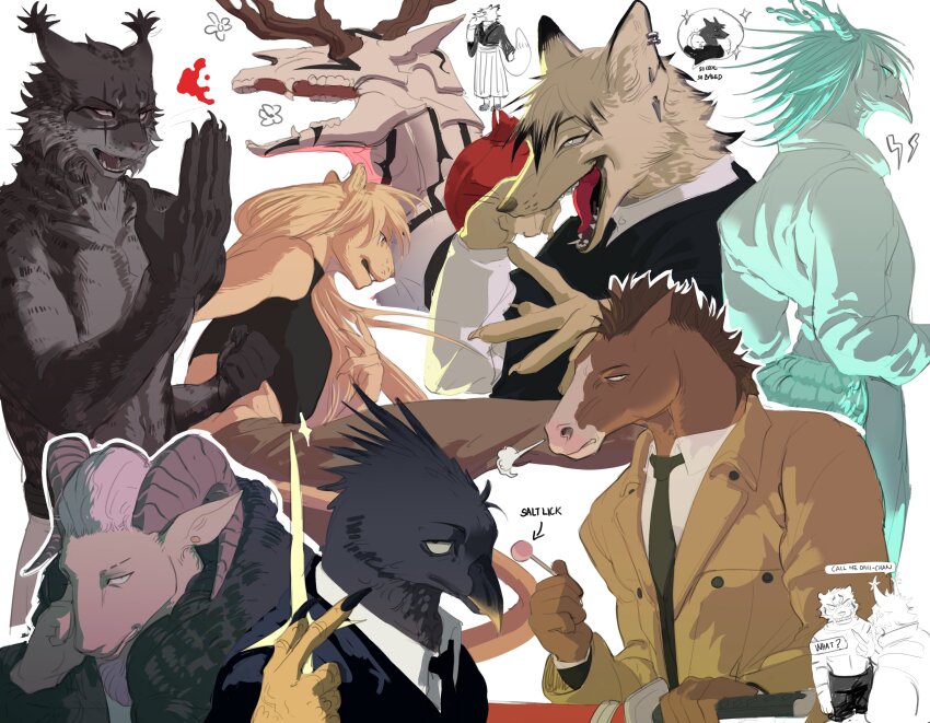 1girl, 6+boys, absurdres, animal_ears, bird_boy, black_eyes, black_fur, black_shirt