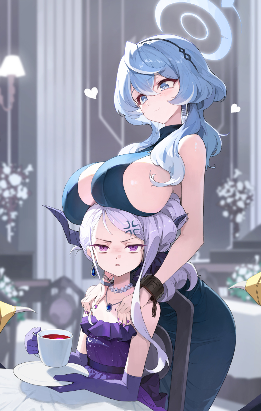 1-5iro, 2girls, absurdres, ako_(blue_archive), ako_(dress)_(blue_archive), anger_vein, blue_archive, blue_dress, blue_eyes, blue_hair, blue_halo, breast_rest, breasts, closed_mouth, commentary, cup, dress, earrings, elbow_gloves, gloves, halo, highres, hina_(blue_archive), hina_(dress)_(blue_archive), holding, holding_cup, jewelry, large_breasts, long_hair, multiple_girls, official_alternate_costume, open_mouth, purple_dress, purple_eyes, purple_gloves, sideboob, sitting, sleeveless, sleeveless_dress, small_breasts, smile, strapless, strapless_dress, white_hair