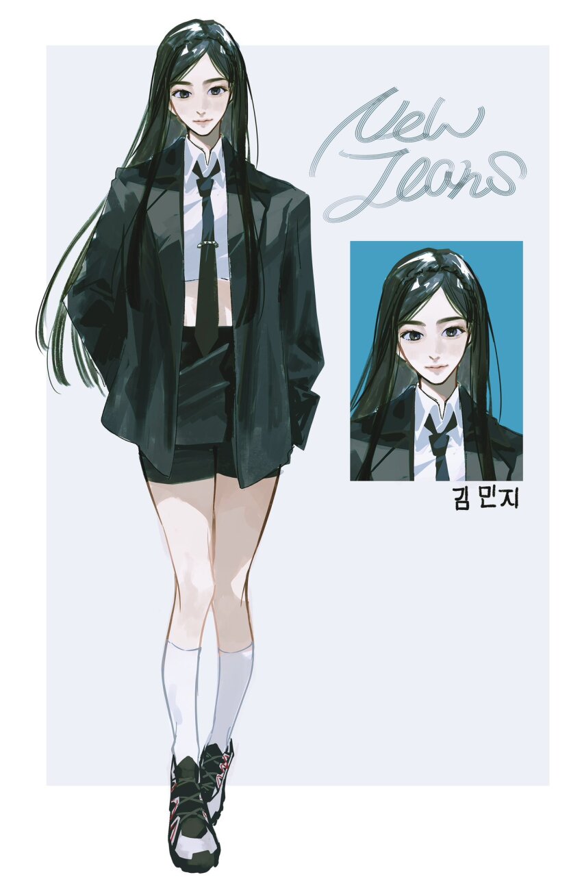 1girl, animification, black_hair, black_jacket, black_shorts, blazer, character_name, collared_shirt