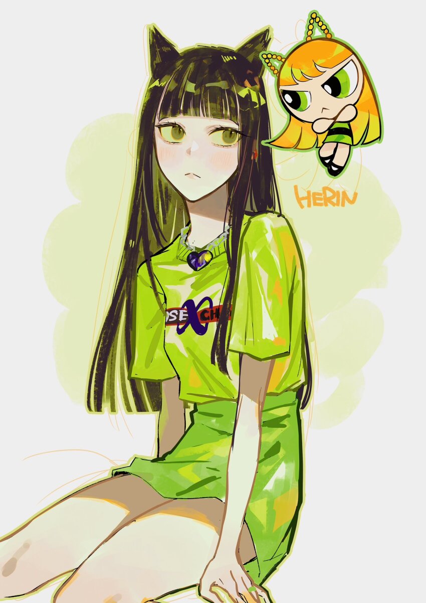 2girls, :<, animal_ears, animification, black_hair, blunt_ends, cartoonized, cat_ears