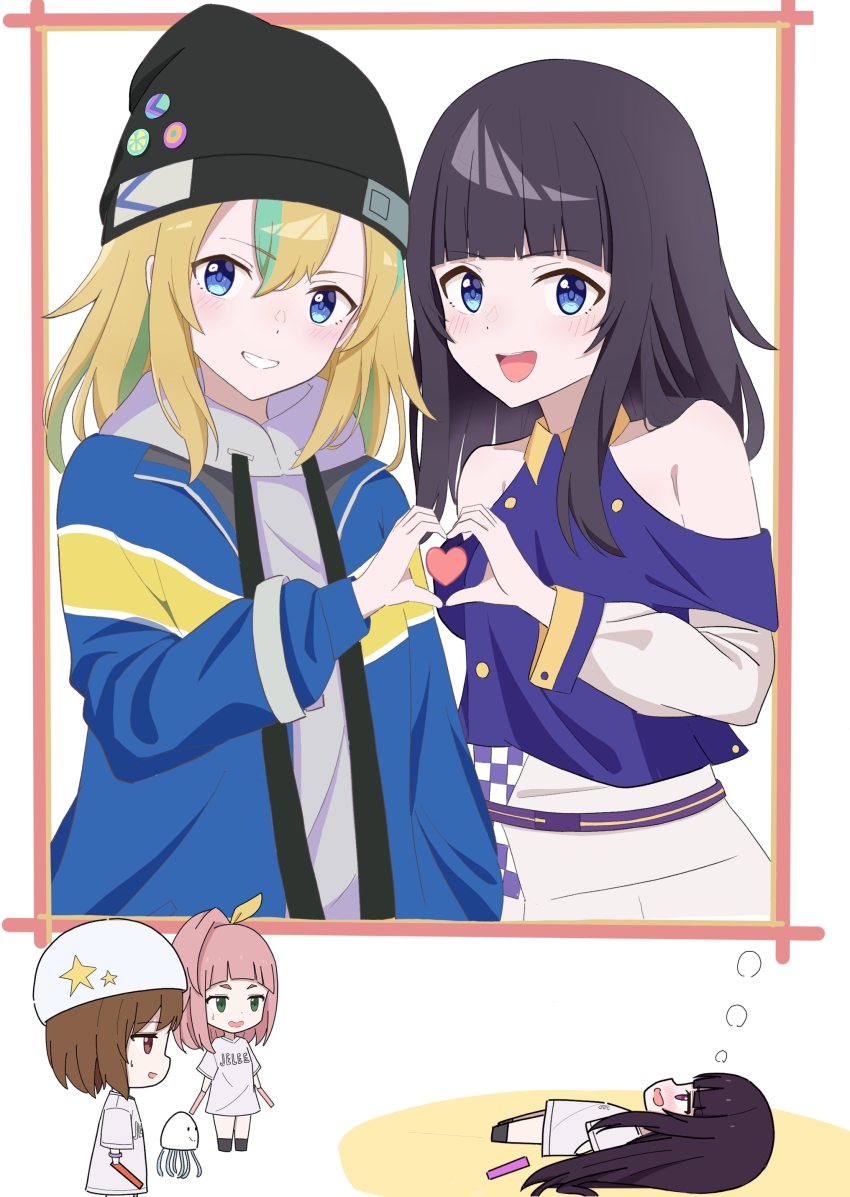 5girls, absurdres, akure1129, beanie, beret, black_hat, blonde_hair, blue_eyes, blue_jacket, blunt_bangs, blush, brown_eyes, brown_hair, clenched_teeth, clothing_cutout, cosplay, dual_persona, green_hair, hair_between_eyes, hair_ribbon, hat, heart, heart_hands, heart_hands_duo, heart_in_heart_hands, highres, holding_lightstick, hood, hood_down, hoodie, jacket, jelee-chan, jelee-chan_(cosplay), jellyfish, kouzuki_mahiru, long_hair, long_sleeves, lying, multicolored_hair, multiple_girls, on_back, one_side_up, open_clothes, open_jacket, open_mouth, pink_hair, purple_hair, ribbon, shirt, short_hair, shoulder_cutout, sidelocks, streaked_hair, sweatdrop, tachibana_nonoka_(yorukura), takanashi_kim_anouk_mei, teeth, watase_kiui, white_hat, white_hoodie, white_shirt, yamanouchi_kano, yellow_ribbon, yoru_no_kurage_wa_oyogenai