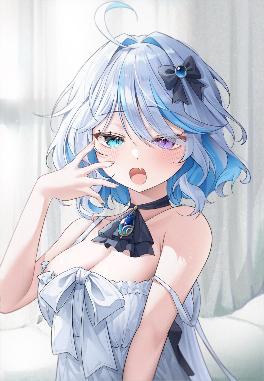 1girl, ahoge, alternate_eye_color, aqua_eyes, blue_gem, blue_hair, breasts, fang