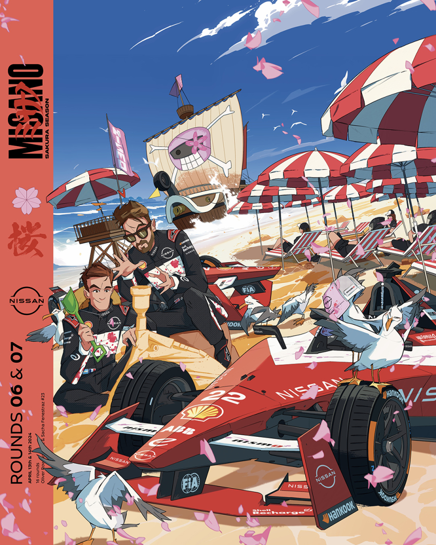 2girls, 4boys, baseball_cap, beach, beach_chair, bird, black_jumpsuit, brown_hair