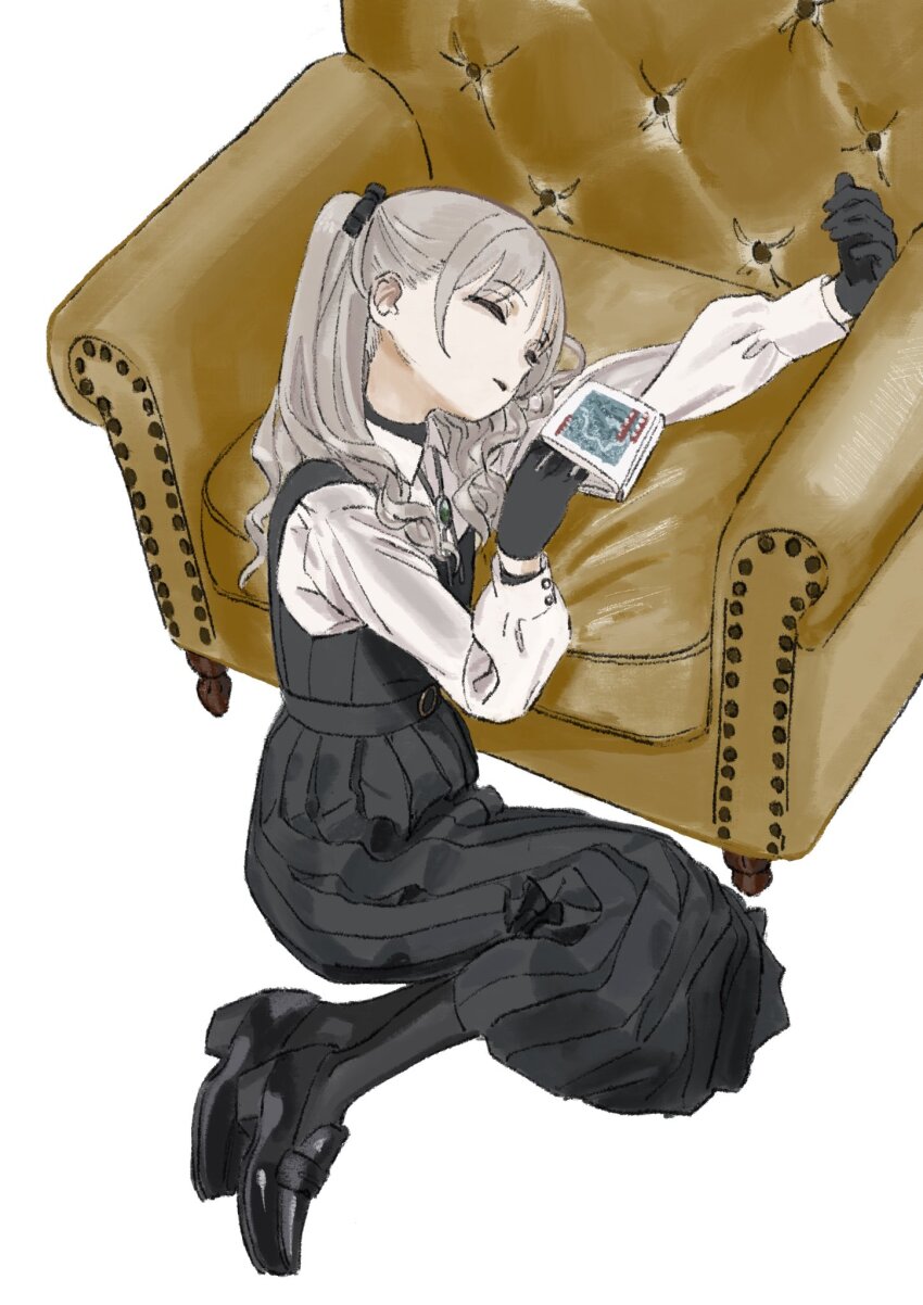 1girl, against_object, armchair, black_dress, black_gloves, black_pantyhose, black_shoes, bolo_tie