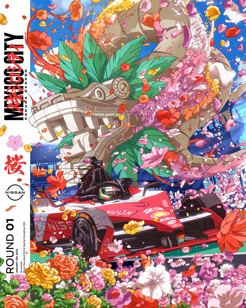 1boy, autodromo_hermanos_rodriguez, car, dragon, driving, feathers, flower, formula_e, formula_racer, green_flower, green_helmet, helmet, highres, juan_alcala, mexico, mexico_city, motor_vehicle, nismo, nissan, official_art, orange_flower, race_vehicle, racecar, racetrack, real_life, red_car, sacha_fenestraz, shell_(company), sponsor, vehicle_focus, white_car, yellow_flower