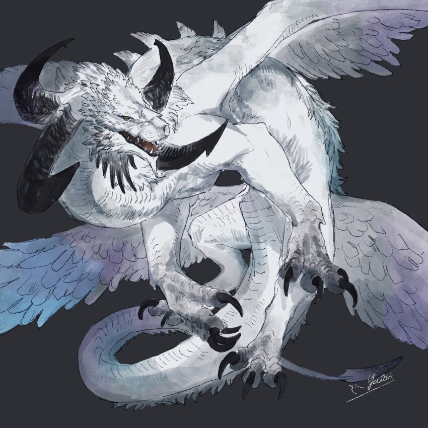 animal_focus, artist_name, claws, curled_horns, dragon, feathered_dragon, feathered_wings, final_fantasy, final_fantasy_xiv, full_body, grey_background, highres, hisaki_yatori, horns, hraesvelgr_(ff14), looking_at_viewer, monster, multiple_horns, multiple_wings, no_humans, open_mouth, scales, sharp_teeth, signature, simple_background, slit_pupils, solo, tail, teeth, wings, yellow_eyes