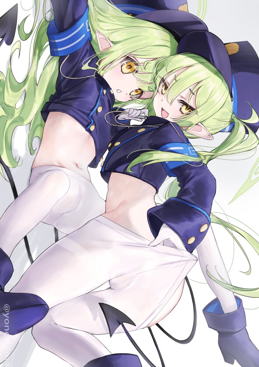 2girls, absurdres, armband, blue_archive, clothes_pull, demon_tail, gloves, green_hair, green_halo, hair_spread_out, halo, hat, highres, hikari_(blue_archive), komejima_nenne, long_hair, long_sleeves, looking_at_viewer, lying, multiple_girls, navel, nozomi_(blue_archive), on_back, open_mouth, pantyhose, pantyhose_pull, peaked_cap, pointy_ears, siblings, sisters, smile, tail, twins, twintails, white_gloves, white_pantyhose, yellow_eyes
