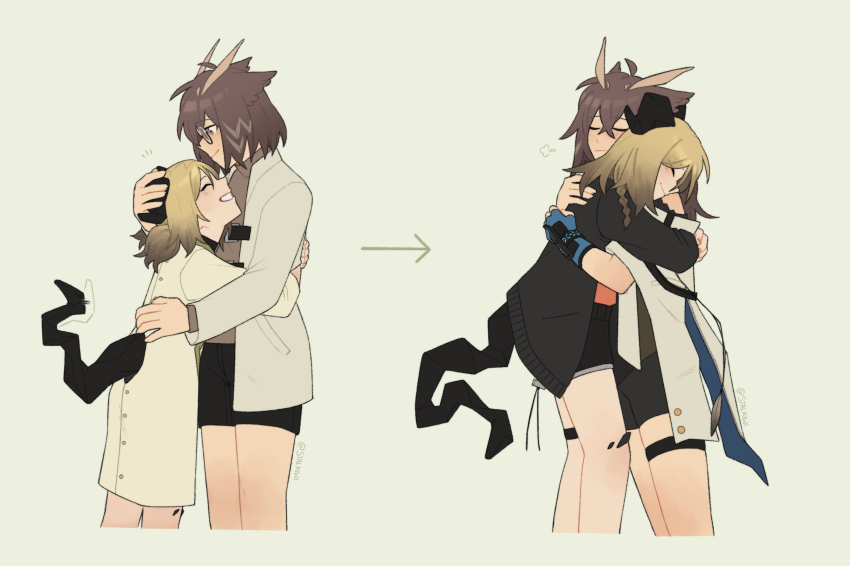 2girls, age_progression, arkiwi, arknights, black_shorts, black_skirt, blonde_hair, blue_gloves, brown_hair, closed_eyes, closed_mouth, coat, commentary, english_commentary, gloves, green_background, highres, horns, hug, ifrit_(arknights), infection_monitor_(arknights), lab_coat, material_growth, multiple_girls, oripathy_lesion_(arknights), short_hair, short_twintails, shorts, silence_(arknights), simple_background, skirt, smile, tail, thigh_strap, twintails, white_coat