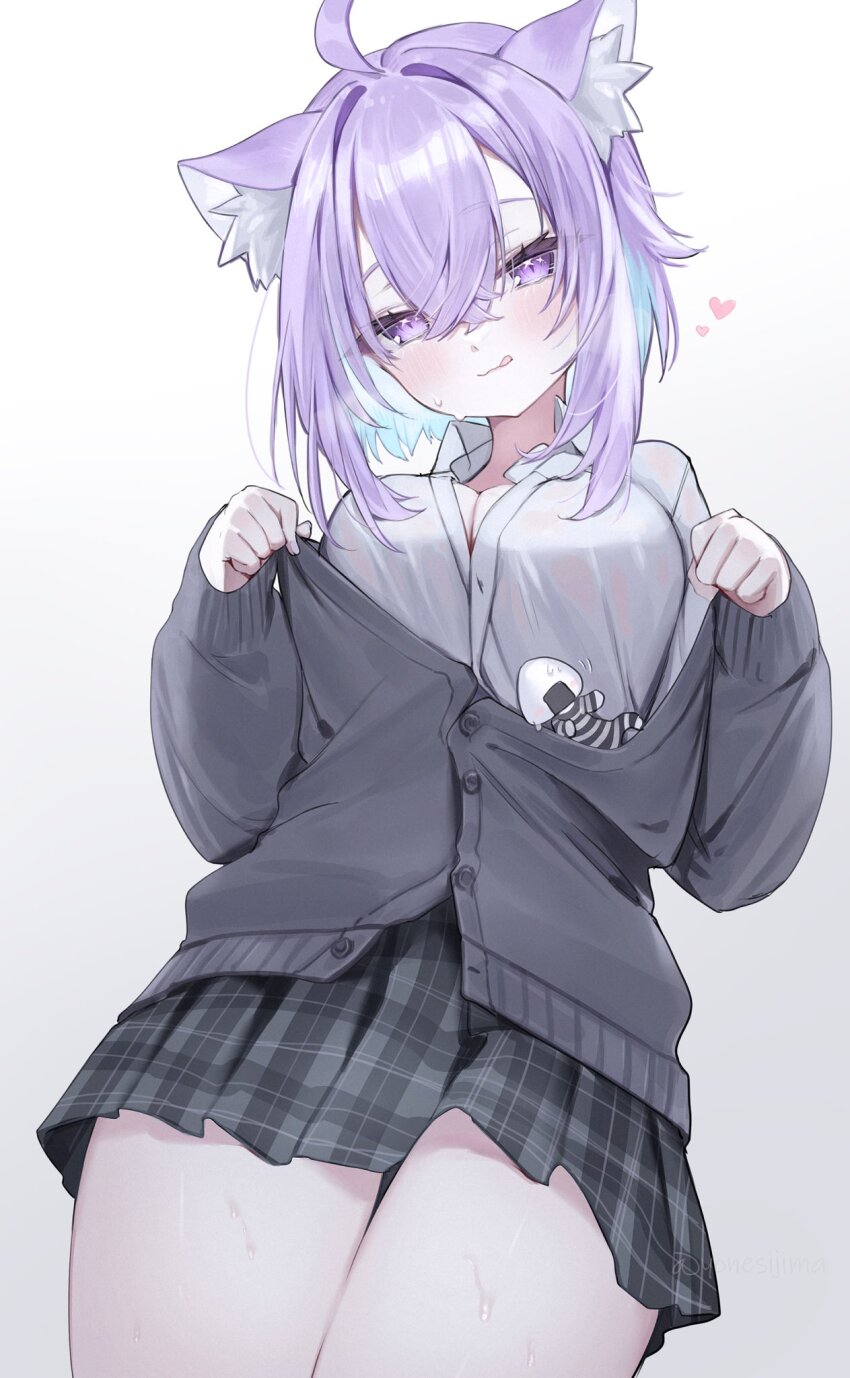 1girl, ahoge, animal_ear_fluff, animal_ears, breasts, cat_ears, cat_girl, checkered_clothes