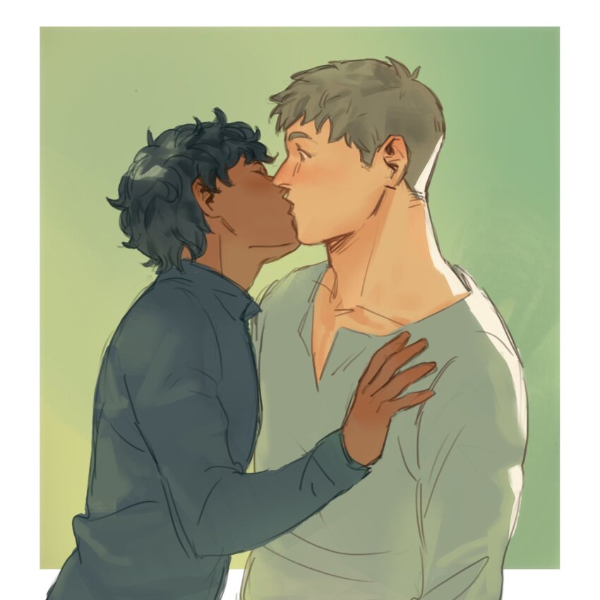 2boys, black_hair, black_shirt, closed_eyes, commentary, dark-skinned_male, dark_skin, dungeon_meshi, english_commentary, facing_another, green_background, green_hair, hand_on_another's_chest, highres, kabru, kiss, laios_touden, loiska_j, long_sleeves, looking_at_another, male_focus, multiple_boys, shirt, short_hair, simple_background, upper_body, very_short_hair, yaoi
