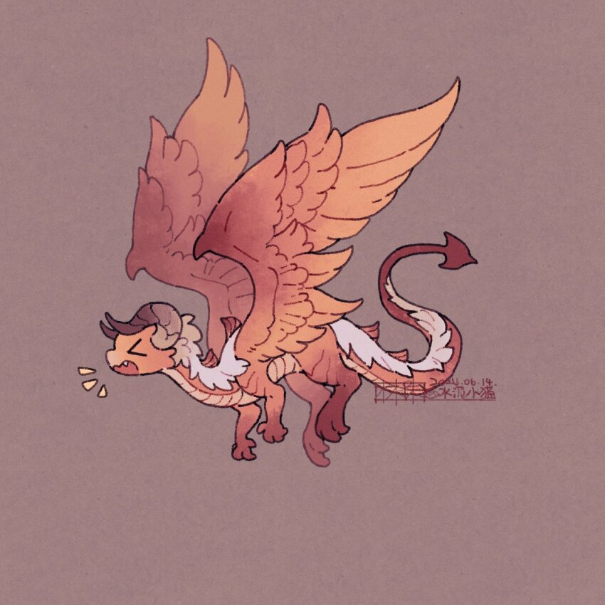 >_<, :o, animal_focus, artist_name, azdaja_(ff14), brown_background, closed_eyes, curled_horns