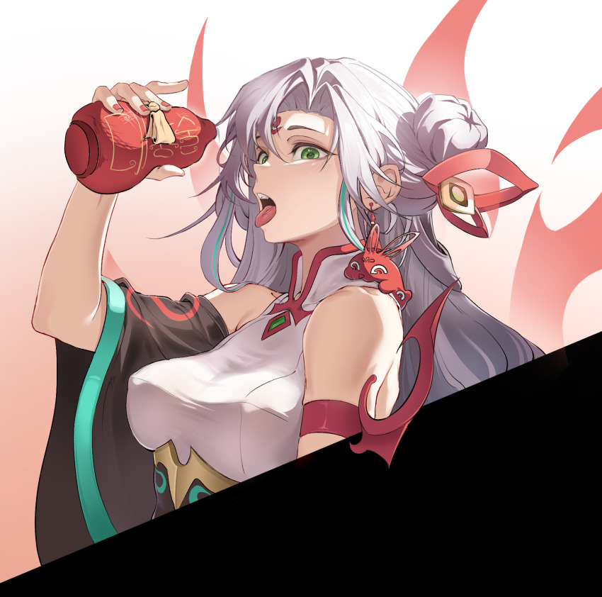 1girl, bare_shoulders, black_sleeves, breasts, commentary, cowboy_shot, detached_sleeves, english_commentary, gourd, gradient_background, green_eyes, hair_between_eyes, hair_bun, highres, holding, holding_gourd, irelia, jusaper, large_breasts, league_of_legends, long_hair, looking_at_viewer, mythmaker_irelia, official_alternate_costume, open_mouth, pink_background, shirt, single_hair_bun, sleeveless, sleeveless_shirt, solo, tongue, tongue_out, white_hair, white_shirt