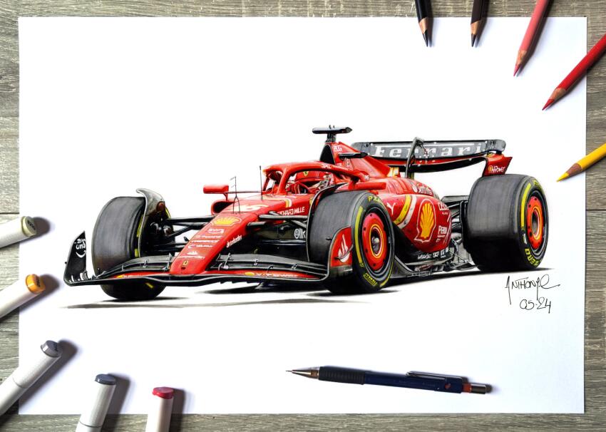 1boy, amazon_(company), anthony-c, art_tools_in_frame, artist_name, car, charles_leclerc, colored_pencil