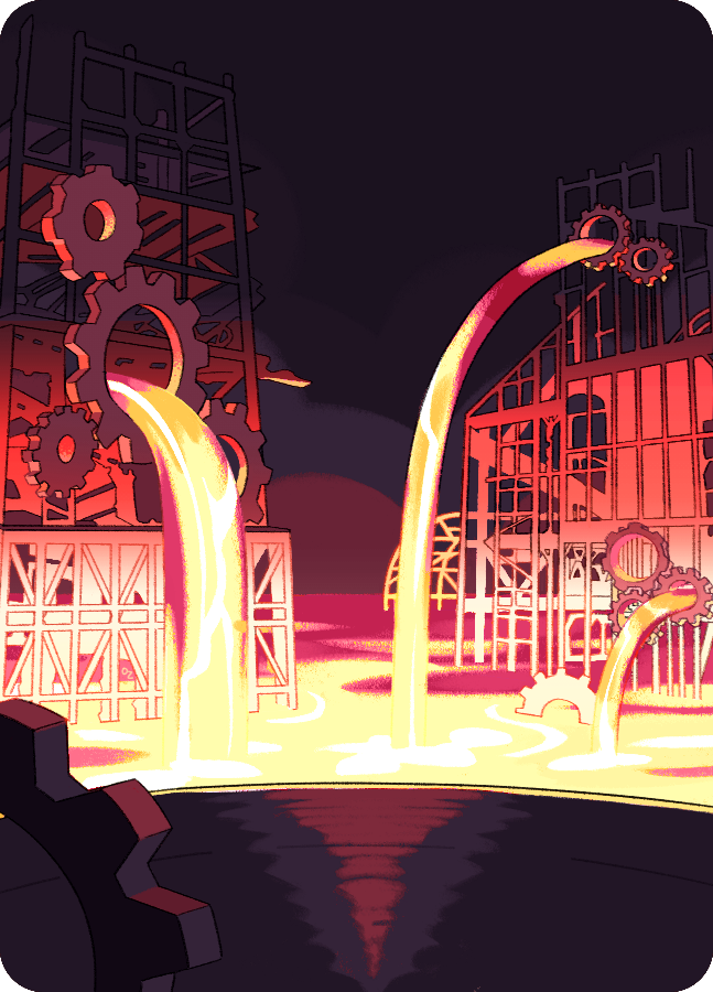 black_sky, building, clockwork, gears, homestuck, lava, no_humans, player_land_(homestuck), ragnarozzy, red_light, rounded_corners, scaffolding, scenery, sky, underlighting, vinyl_record