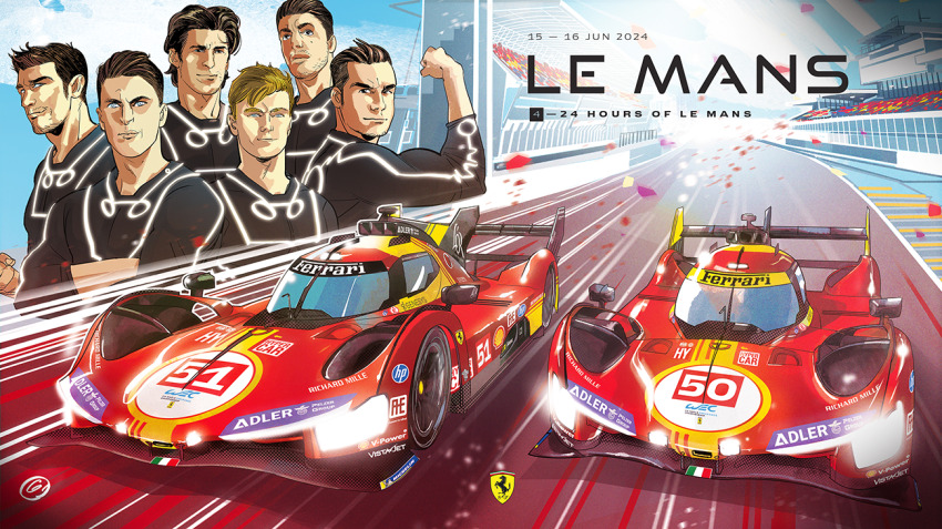 6+boys, alessandro_pier_guidi, antonio_fuoco, antonio_giovinazzi, beard_stubble, black_bodysuit, blonde_hair, bodysuit, brown_hair, car, circuit_de_la_sarthe, clenched_hand, commentary, confetti, crossed_arms, davide_gianfelice, english_commentary, facial_hair, ferrari, ferrari_499p, flexing, glowing, italian_flag, james_calado, le_mans_prototype, logo, looking_at_viewer, male_focus, michelin, michelin_man, miguel_molina, mole, mole_under_eye, motor_vehicle, multiple_boys, mustache_stubble, nicklas_nielsen, official_art, promotional_art, race_vehicle, racecar, racetrack, racing, real_life, shell_(company), smile, spoiler_(automobile), sponsor, stubble, vehicle_focus, western_comics_(style), world_endurance_championship