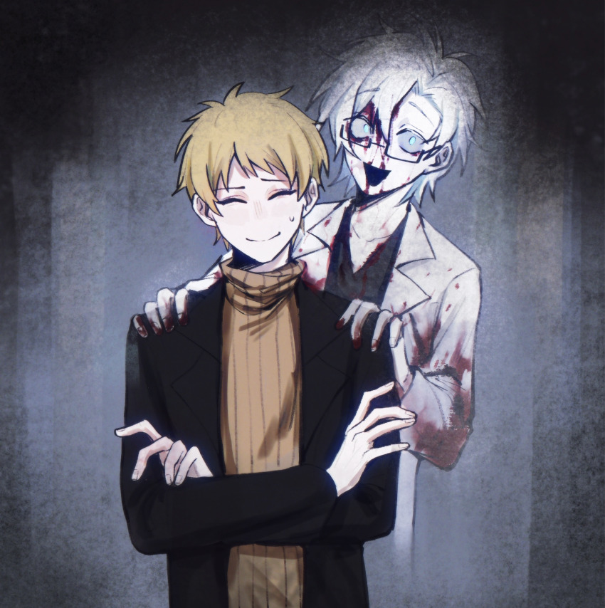 2boys, atou_haruki, black_jacket, black_shirt, blonde_hair, blood, blood_on_clothes, blood_on_face, blue_eyes, brown_sweater, chinese_commentary, closed_eyes, closed_mouth, commentary_request, constricted_pupils, crossed_arms, facing_viewer, glasses, gouzixingyan, hands_on_another's_shoulders, highres, jacket, kanou_aogu, lab_coat, long_sleeves, male_focus, multiple_boys, open_clothes, open_jacket, open_mouth, rectangular_eyewear, ribbed_sweater, saibou_shinkyoku, semi-rimless_eyewear, shirt, short_hair, simple_background, smile, solo, sweater, turtleneck, turtleneck_sweater, upper_body, v-neck, white_background, white_hair