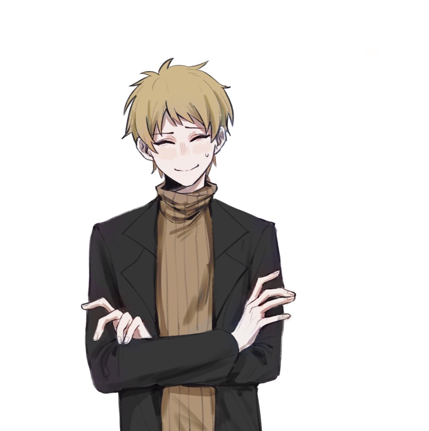 1boy, atou_haruki, black_jacket, blonde_hair, brown_sweater, chinese_commentary, closed_eyes, closed_mouth, commentary_request, crossed_arms, facing_viewer, gouzixingyan, highres, jacket, long_sleeves, male_focus, open_clothes, open_jacket, ribbed_sweater, saibou_shinkyoku, short_hair, simple_background, solo, sweater, turtleneck, turtleneck_sweater, upper_body, white_background