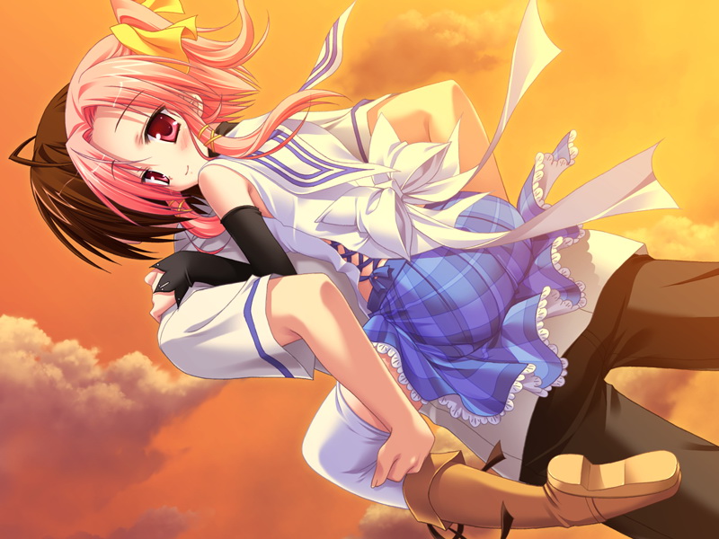 ass, blush, boots, brown_hair, carrying, frills, hair_ornament, hair_ribbon