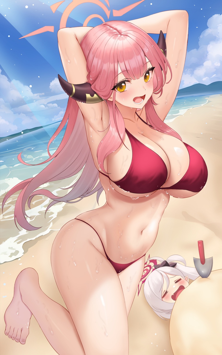 2girls, absurdres, armpits, arms_up, aru_(blue_archive), beach, bikini, blue_archive