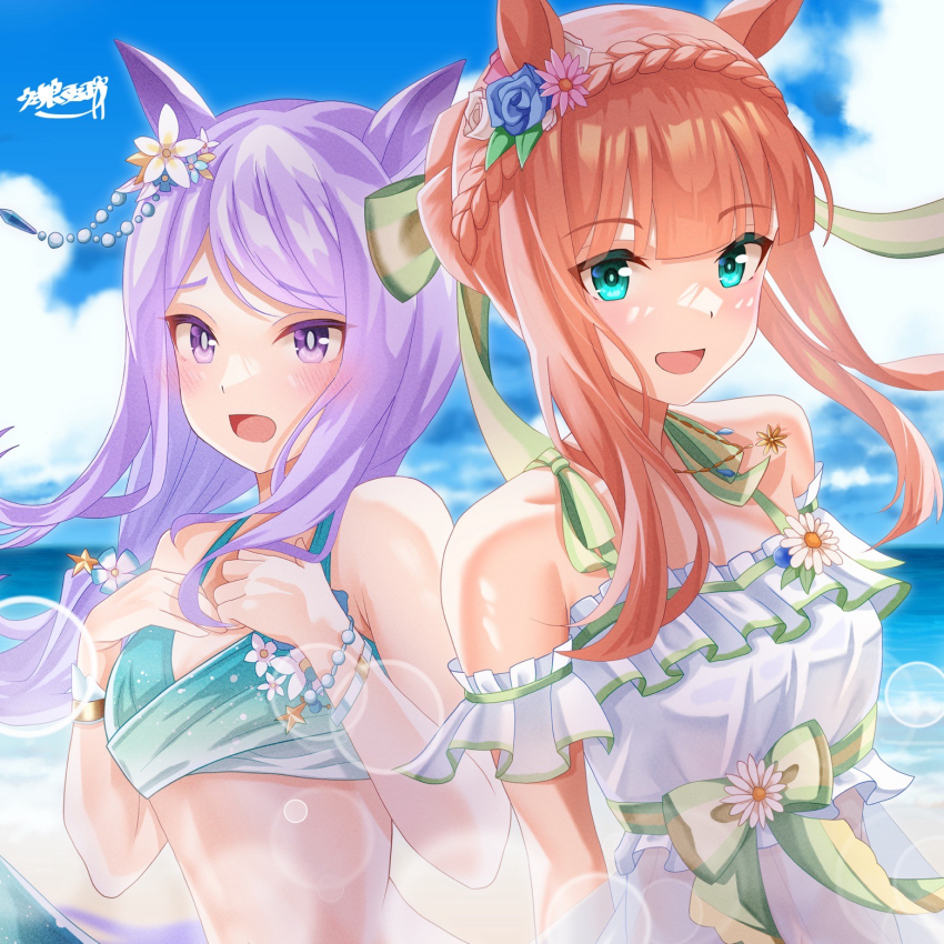 2girls, aqua_eyes, flower, hair_flower, hair_ornament, highres, horse_girl, looking_at_viewer