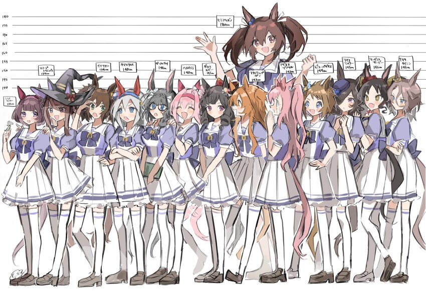 +_+, 6+girls, agnes_digital_(umamusume), animal_ears, biko_pegasus_(umamusume), blue_eyes, blush, book, breasts, brown_hair, closed_eyes, closed_mouth, crossed_arms, crying, crying_with_eyes_open, daiichi_ruby_(umamusume), from_behind, grey_hair, hair_between_eyes, hair_ornament, haru_urara_(umamusume), hat, headband, height_difference, highres, hishi_akebono_(umamusume), horse_ears, horse_girl, inari_one_(umamusume), kumo_(mokumoku_warabi), long_hair, looking_at_viewer, marvelous_sunday_(umamusume), mayano_top_gun_(umamusume), medium_breasts, multiple_girls, narita_taishin_(umamusume), nishino_flower_(umamusume), open_mouth, pink_hair, ponytail, rice_shower_(umamusume), school_uniform, simple_background, sweep_tosho_(umamusume), tamamo_cross_(umamusume), tears, thighhighs, tracen_school_uniform, umamusume, white_background, zenno_rob_roy_(umamusume)