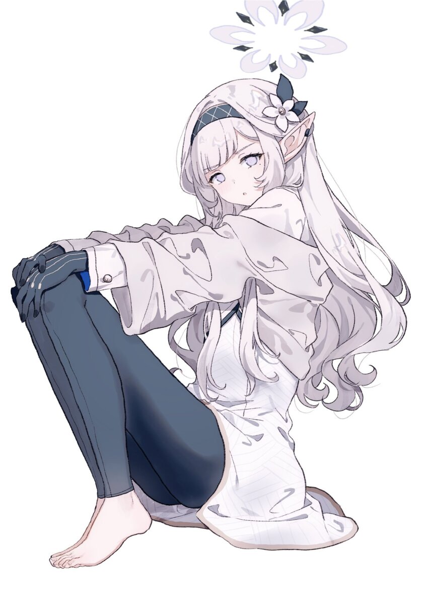 1girl, ass, barefoot, black_gloves, black_hairband, black_leggings, blue_archive, blush, dress, flower, full_body, gloves, grey_halo, hair_flower, hair_ornament, hairband, halo, highres, himari_(blue_archive), jacket, leggings, long_hair, long_sleeves, looking_at_viewer, migolu, mole, mole_under_eye, parted_lips, pointy_ears, purple_eyes, simple_background, solo, toes, white_background, white_dress, white_flower, white_hair, white_jacket