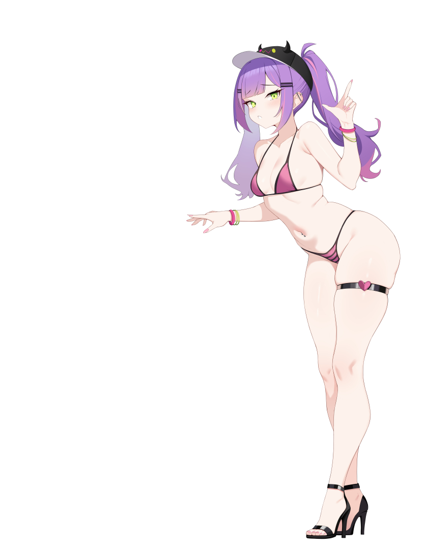 1girl, absurdres, alternate_costume, barbell_piercing, baseball_cap, bibi_(tokoyami_towa), bikini, black_hat